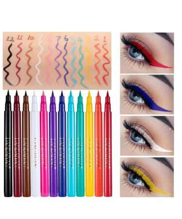 HISUNBEN 12 Colors Matte Liquid Eyeliner Set Waterproof Colored Liquid Eyeliner Smudgeproof Durable Color Painting Makeup for Daily Use and Halloween Christmas Cosplay
