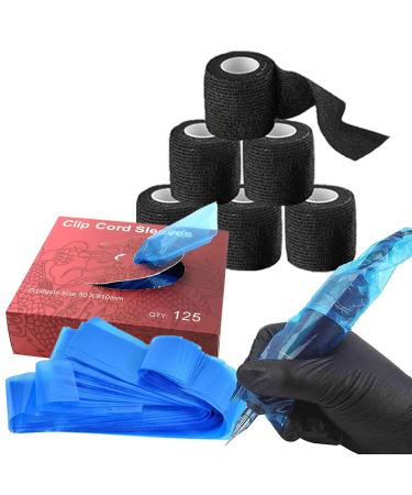 Clip Cord Covers with Grip Tape Wraps - NAQASE 125pcs Clip Cord Bags Pen Bags Cord Sleeves Blue Clip Cord Covers Wrap and 6pcs Tattoo Bandages Elastic Grip Tape Wraps Black+6pcs & Blue+125pcs