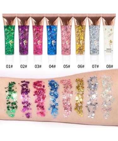 8 Color Body Glitter - Silver & White Self Adhesive Gel | Long-Lasting Cosmetic Glitter for Face Hair Eyes Lips & Nails - Perfect for Festivals & Raves | 46g - Buy Online on GoSupps.com