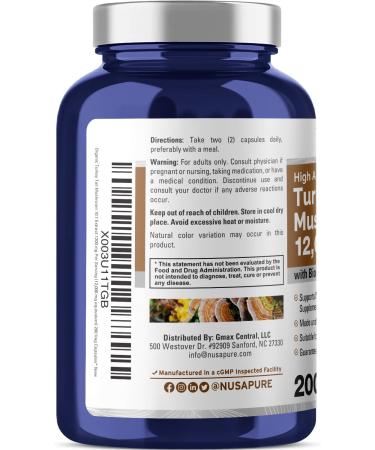 NusaPure Turkey Tail Mushroom Capsules 12,000mg - 200 Vcaps | Vegetarian, Non-GMO, Gluten Free | Bioperine Extract 10:1 - Buy Online on GoSupps.com