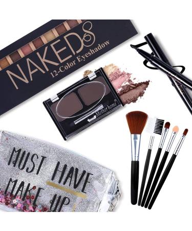 All in One Makeup Kit,12 Colors Nude Shimmer Eyeshadow Palette, Waterproof Black Eyeliner Pencil, Duo Pressed Eyebrow Powder Kit, 5 Brushes With Quicksand Cosmetic Bag Gift Set Set 01
