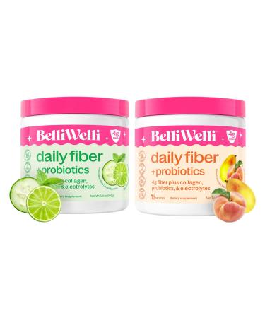 Daily Fiber Supplement Bundle with Collagen Probiotics Electrolytes & Hydration Support - Cucumber Lime Mint & Peach Mango Flavors - Promotes Digestive Skin Health Gut Balance - 32 Servings