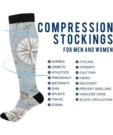 Haskirky High Elasticity Compression Socks - 2 Pairs, Adult Universal Knee High Socks for Leisure, Fatigue Relief, Travel, and Running - Compass, Lighthouse, Anchor, Seashells Design - Buy Online on GoSupps.com