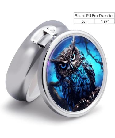 Round Blue Owl Print Pill Box - 3 Compartment Portable Medicine Organizer | Decorative Metal Pocket Pill Case - Buy Online on GoSupps.com