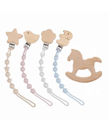 PandaEar Silicone Pacifier Clips for Boys and Girls 4 Pack Baby Binky Holder Clips Pacifier Strap Lanyard Chain & Wooden Teething Toy with One Piece Design Fit All Teethers Toys Neutral