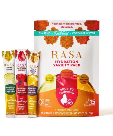 Rasa Hydration Adaptogen Powder Variety Pack | Electrolyte Mix for Rapid Hydration & Stress Support | Ginseng Real Fruit & Coconut Water | Peach Passion Lemon Ginger & Raspberry Hibiscus | 15 Pack