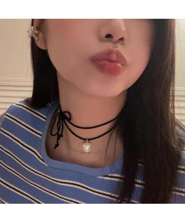 Vsilay Y2K Pearl Heart Necklace - Adjustable Black Rope Chain for Women & Teen Girls | Trendy Gold Accessory - Buy Online on GoSupps.com