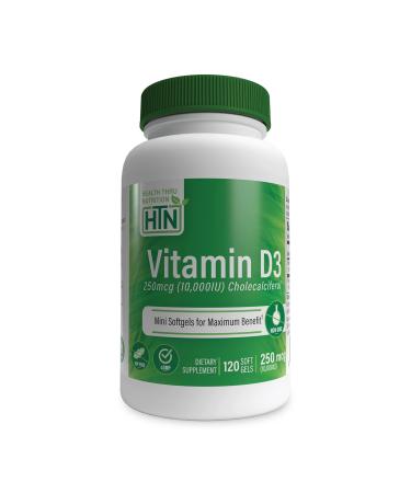 Health Thru Nutrition Vitamin D3 10 000 IU Non GMO 120 Mini Softgels (10000 iu cholecalciferol) Soy Free USP Grade Natural Vitamin D