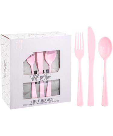 WDF 160 Piece Pink Plastic Silverware - Heavy Duty Pink Silverware Includes 80 Pink Forks, 40 Pink Spoons, 40 Pink Knives, Pink Plastic Utensils Perfect for Wedding, Party or Daily Using