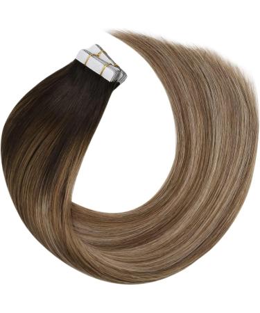 Moresoo 24 Inch Tape in Human Hair Extensions Brown Ombre Dark Brown to Golden Brown with Blonde Highlights #4/10/16 - 20 Pieces/50g - Buy Online on GoSupps.com
