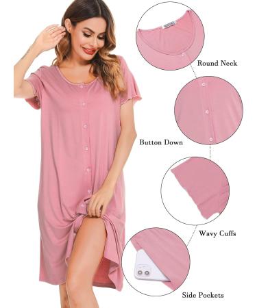 Lovasy Women's Soft Button-Down Nightdress with Pockets - Pink XL | Maternity & Nursing Nightshirt - Buy Online on GoSupps.com