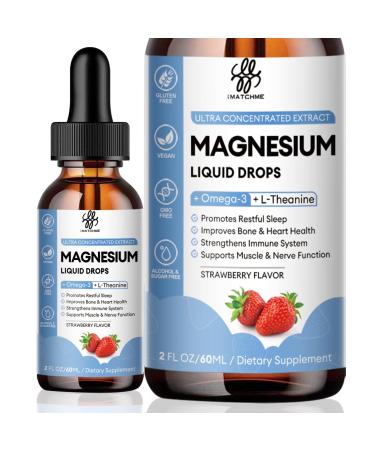 iMATCHME Magnesium Glycinate Liquid Drop with Citrate, Oxide and Taurate, Calm Magnesium with Omega3, L-Theanine, D3, B6, B12 for Calm, Sleep, Leg Cramps, Muscles, Energy, Sugar-Free Strawberry Flavor