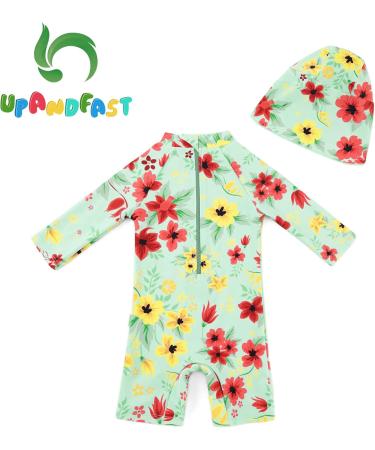 upandfast Baby Girl One Piece Swimwear Suit with Sun Hat | UPF 50+ Sun Protection | 6-9 Months | Light Green - Buy Online on GoSupps.com