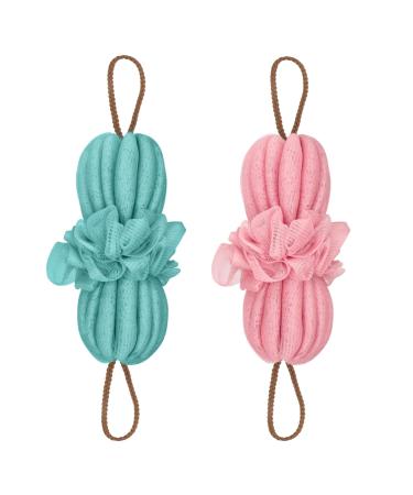 Songaa Bath Shower Loofah Sponge - 2 Pack Long Stretch Back Sponge Exfoliating with Rope Handles - Back Scrubber for Shower Body Scrub Stretch Loofah for Women and Men (Blue & Pink)