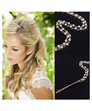 Inilbran Boho Layered Head Chain Gold Pearl Hairpins Hairpins Handmade Pearl Hair Chain Vintage Headpieces Headband Prom Costume Festival Hair Accessories Jewelry for Women and Girls