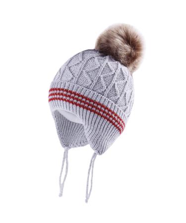 LANGZHEN Toddler Kids Infant Winter Hat Earflap Knit Warm Cap Fleece Lined Beanie for Baby Boys Girls 1-2 Years Grey-Pompon