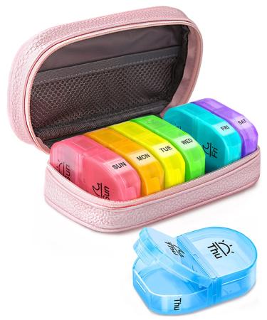 Cute Pill Organizer 2 Times a Day, AMOOS PU Leather Pill Case for Women, Portable Weekly Pill Box for Purse with Storage Bag to Hold Vitamins/Medications/Fish Oils/Supplements, Orange Pink