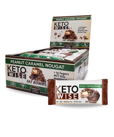 Keto Wise Fat Bombs - Made with Chocolate containing MCT Oil - Low Fat, Low Carb and Keto Friendly Snack - 7g Fat, 2g Net Carbs | Peanut Caramel Nougat, Pack of 16