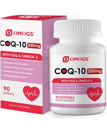 OMOGS CoQ10 200mg Softgels Coenzyme Q10 High Absorption Supplements Support Heart Health Cardiovascular Health Immune System & Cellular Energy Production Gluten Free 90 Softgels
