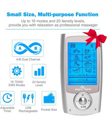 Easy Home Rechargeable TENS Unit & EMS Muscle Stimulator | 20 Intensity Levels 8 Massage Types 16 Modes | FSA Eligible Electronic Pulse Massager EHE029G-B - Buy Online on GoSupps.com