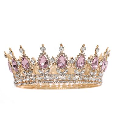 FORSEVEN Queen Crown Rhinestone Wedding Crowns and Tiaras for Women Costume Party Hair Accessories Princess Birthday Crown Crystal Bridal Crown Gold+Pink
