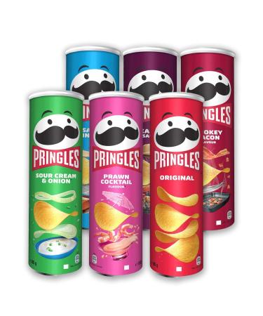 Pringles Crisps - Party Pack Variety Salt and Vinegar Original Sour Cream Prawn Cocktail Smokey Bacon Texas BBQ 185g each Bundle of 6