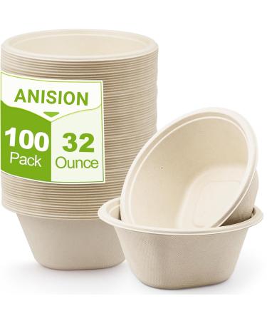Disposable Paper Bowls 32oz Heavy Duty 100 Pack Eco-Friendly Compostable Bowls Party Serving Bowls for Salad Ice Cream Dessert and Hot Soup Biodegradable Bowls Made of Sugarcane