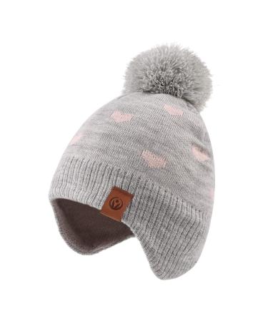 XIAOHAWANG Knitted Baby Hat Winter Warm Boys Girls Beanie Fleece Lining Toddler Kids Hat with Pompom 9-24 Months Gray Heart Hat
