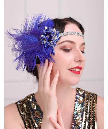 Aimimier 1920s Flapper Feather Headband Royal Blue Sapphire Great Gatsby Headpiece with Sparkling Crystal Head Chain Masquerade Hair Accessories for Women and Girls