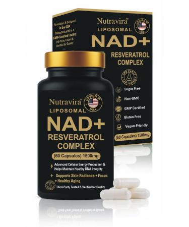 nutravira Liposomal NAD+ Resveratrol Complex 1500mg Advanced Cellular Energy, Anti-Aging, DNA Repair Support, High Absorption Liposomal Technology 60 Capsules 3rd Party Tested Eurofins