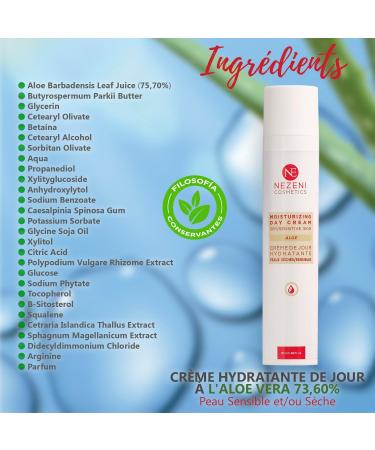 Nezeni Aloe Vera Face Moisturizer 75.70% | 18 Active Ingredients | Increases Skin Elasticity | Face Day Cream for Dry and/or Sensitive Skin LOW IN PRESERVATIVES - Buy Online on GoSupps.com