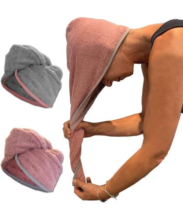 Homelevel 2x Terry Hair Turban Set - 100% Cotton Quick-Drying Head Towel - Stylish Gray & Old Pink Hair Towels for Effortless Drying - Buy Online on GoSupps.com
