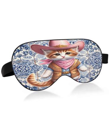 Pink Cowgirl Cute Cat Sleep Mask Light Blocking Eye Mask for Sleeping with Adjustable Strap Tile Art Artistic Soft Lightweight Eye Cover Blindfold for Men Women Work Travel Naps