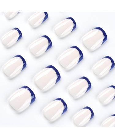 Mouyouglow Short Press On Nails - Square White & Cobalt Blue French Tips | Artificial Fingernails with Glue - Dark Blue Tip Design - Buy Online on GoSupps.com