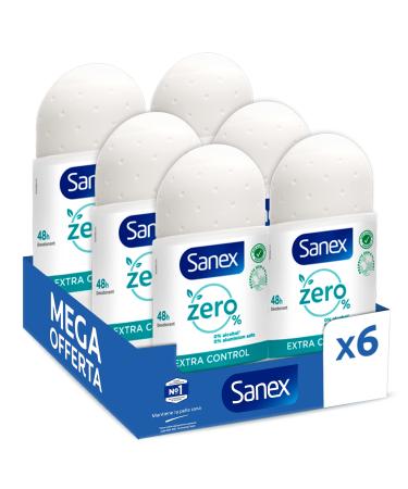 Sanex SANEX - Extra Control 0% Roll-On Deodorant - Deodorant for Men & Women - 48-Hour Effectiveness - Alcohol-Free Aluminum Salt-Free - Pack of 6 x 50ml Roll-Ons