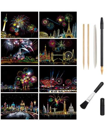 Scratch Art Paper, Rainbow Night View Scratchboard Pads for Adults and Kids, Mini Envelope Postcard Art & Crafts Set: 8 Sheets Scratch Cards & Drawing Pen, Clean Brush 7.9"x5.5"(Fireworks/Building) - Buy Online on GoSupps.com