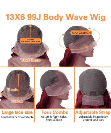 Burgundy 99j Lace Front Human Hair Wig 26 Inch | 180% Density Body Wave | Pre Plucked, Bleached Knots | for Black Women - Buy Online on GoSupps.com