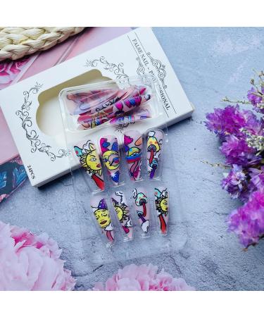 24Pcs Colorful Stiletto Press-On Nails | Glossy Acrylic Sun Moon Cloud Design | Reusable Almond Shape Fake Nails for Men & Women | Perfect for Manicure - Buy Online on GoSupps.com