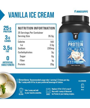 InnoSupps Advanced Iso Protein - 100% Whey Isolate Powder | Low Fat Low Carbs | 25g Protein | No Artificial Sweeteners | Gluten-Free Soy-Free | Vanilla Ice Cream - International Shipping Available - Buy Online on GoSupps.com