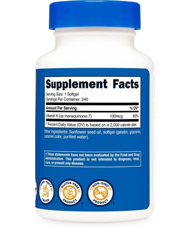 Nutricost Vitamin K2 MK-7 100mcg 240 Softgels - Gluten Free & Non-GMO - Buy Online on GoSupps.com