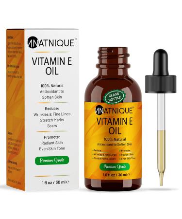 Natnique Vitamin E Oil 1 oz Natural D-Alpha Tocopherol for Face Skin Hair & Nails Pure Non-GMO Moisturizer for Scars Stretch Marks & Dry Skin Cold-Pressed Carrier Oil for Body & Beauty Care