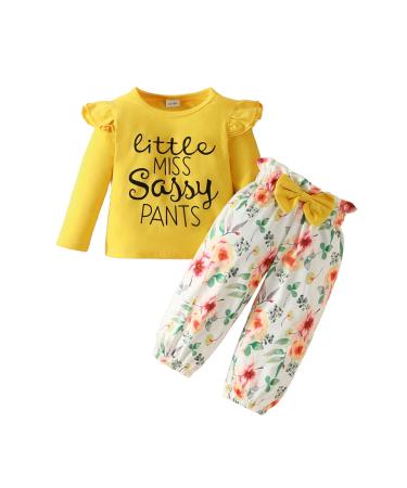 puseky Toddler Baby Girls Clothes Cute Letter Print Long Sleeve Shirt Floral Pant Tracksuit Outfits Set 12-18 Months Yellow + Floral
