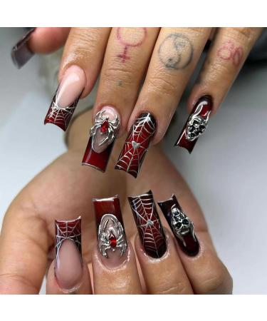 Wine Red French Press on Nails Medium Spider Web False Nails Metal Skeleton Spider Design Halloween Nails Square Full Cover Coffin Nails Artificial Acrylic Nails Halloween Glue on Nails for Women Spider and Spider Web
