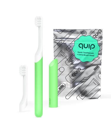 Quip Sonic Toothbrush for Kids with Timer - Includes Extra Brush Head and Travel Cover Mount - Electric Soft Bristle Refill Head Rubber Handle 3 Month Battery Life - Glow in The Dark Green