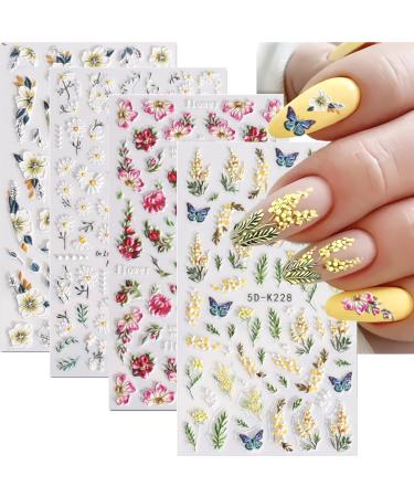 4 Sheets Flower Nail Art Stickers Decals 5D Embossed Nail Decals Spring Summer Butterfly Daisy Nail Supplies DIY Design Nail Stickers for Nail Art for Women and Girls Colorful Flower-2
