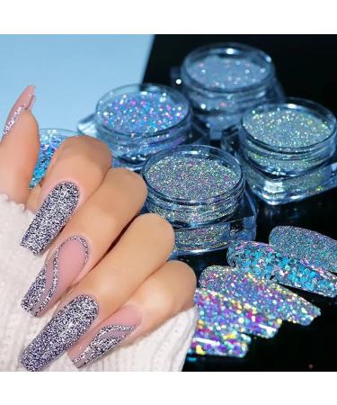 Holographic Nail Glitter - Reflective Laser Silver Nail Powder for Women & Girls - Shiny Pigment in Blue, Purple, Gold - Diamond Sequin Design - Nail Art Decor - Buy Online on GoSupps.com