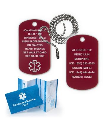 Medical Alert ID Dog Tag Anodized Aluminum w. 27" Chain. Incl. 18 Lines of engr. - RED