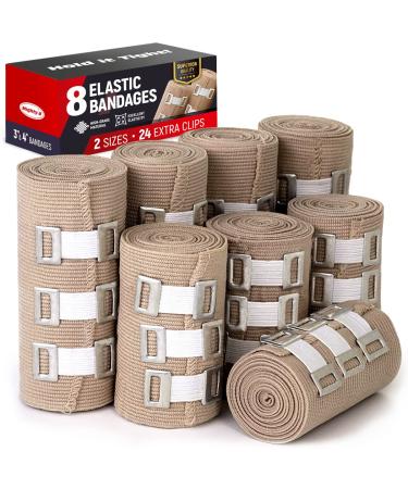 Premium Elastic Bandage Wrap - 8 Pack + 24 Extra Clips - Durable Compression Bandage (4X - 3 inch, 4X - 4 inch Rolls) Stretches up to 15ft in Length - Buy Online on GoSupps.com