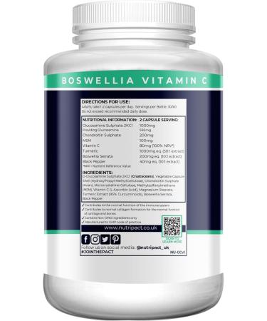 Joint Care Supplement - Glucosamine and Chondroitin High Strength Complex with MSM, Turmeric, Vitamin C, Boswellia, Black Pepper - 60 Capsules - UK Made by Nutripact - Buy Online on GoSupps.com