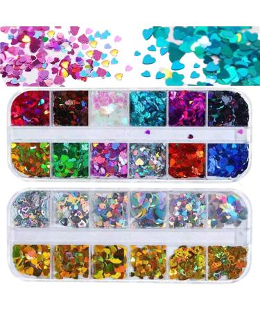 CHANGAR 2 Boxes Nail Art Glitter Sequins 3D Laser Love Heart Nail Art Decals Sticker Holographic Nail Sparkle Glitter for Manicure Make Up DIY Decals Decoration
